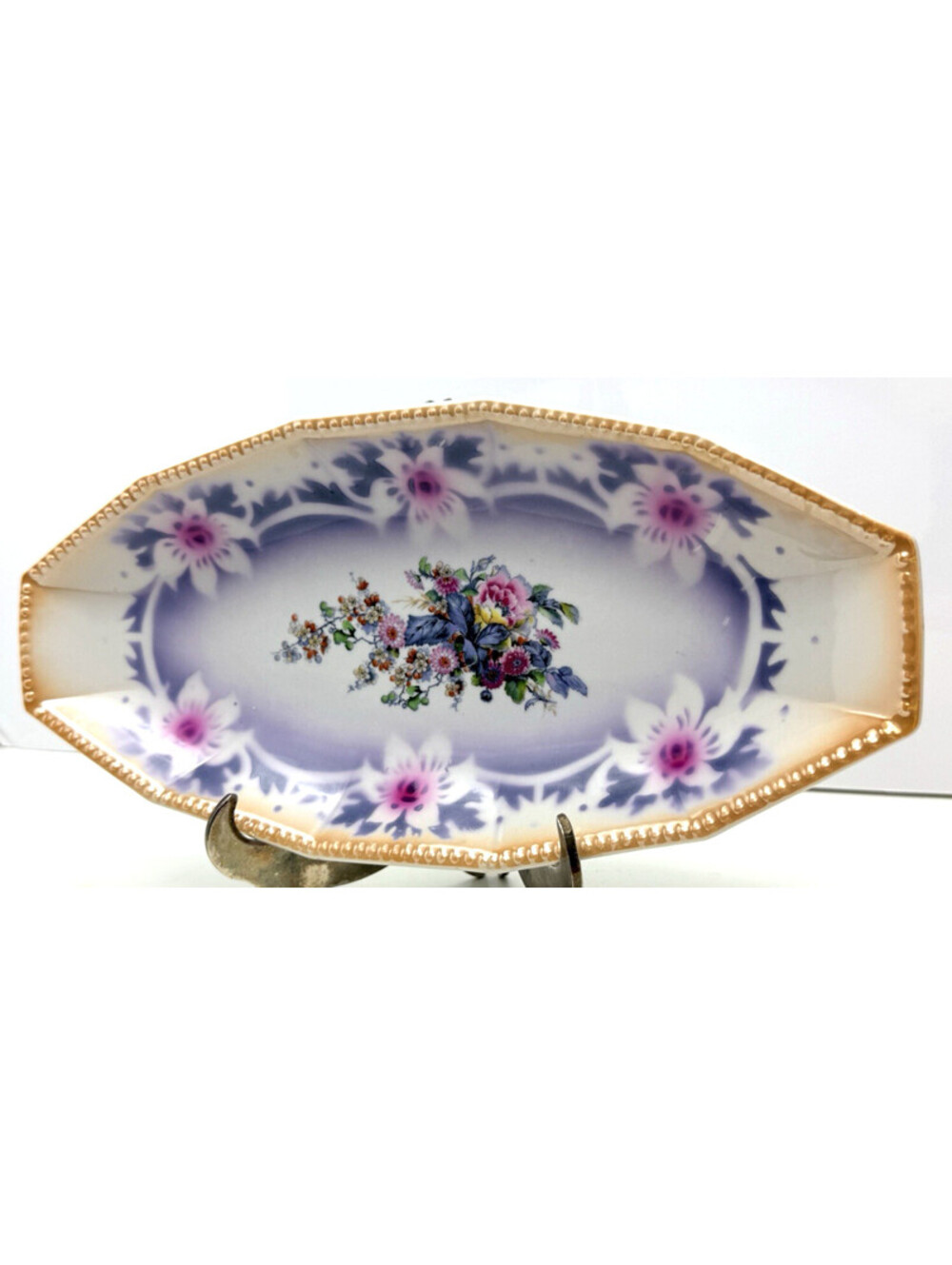 Antique German Celery Dish 11.5"L Hand Painted Floral Peach Luster Trim 30s